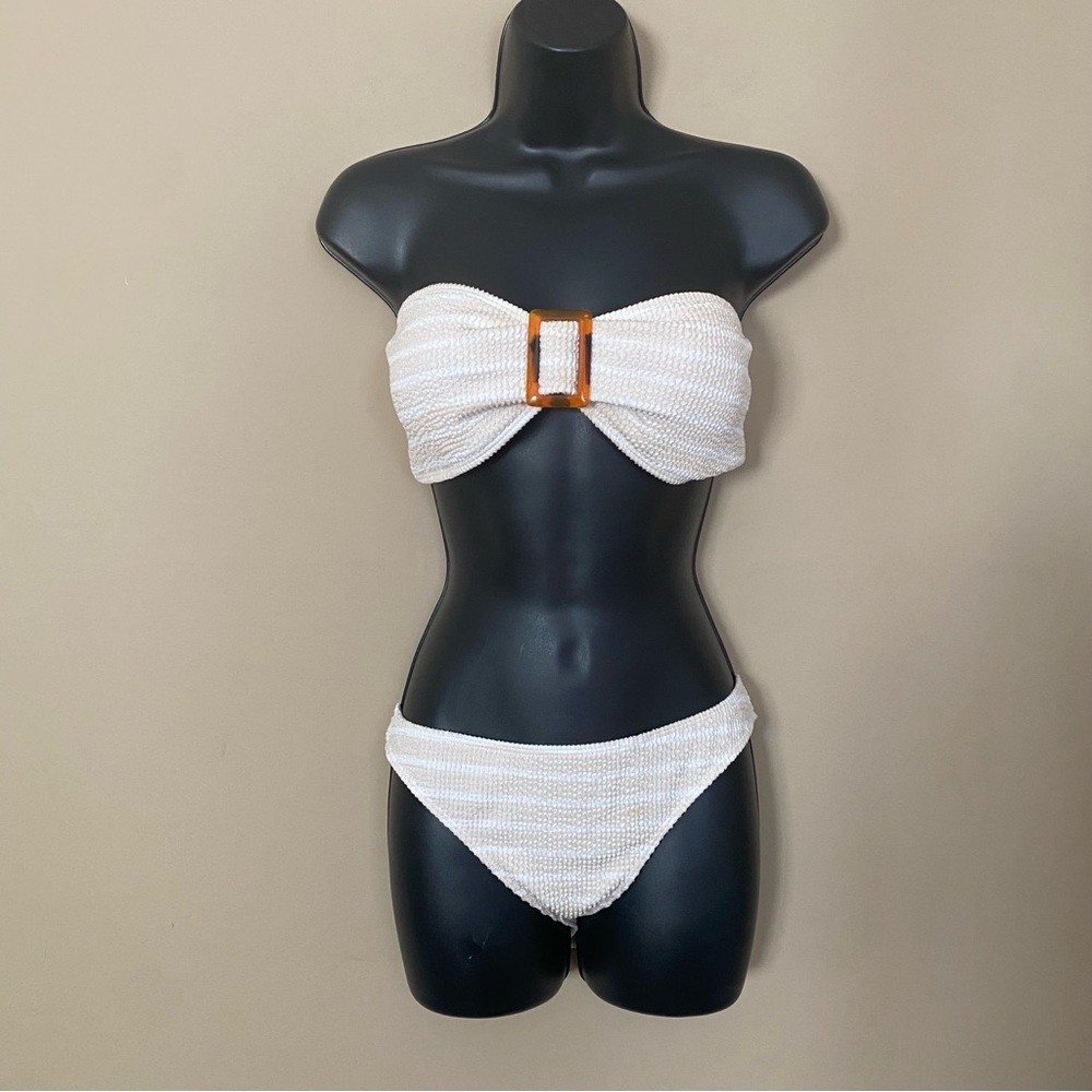White Cream Tan Stripe Textured Bikini Set with Tortoise Shell Buckle